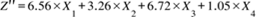 Title: Z apostrophe apostrophe equals 6.56 cross times X subscript 1 plus 3.26 cross times X subscript 2 plus 6.72 cross times X subscript 3 plus 1.05 cross times X subscript 4 - Description: {"mathml":"<math style=\"font-family:Times New Roman;font-size:16px;\" xmlns=\"http://www.w3.org/1998/Math/MathML\"><mstyle mathsize=\"16px\"><mi>Z</mi><mo>'</mo><mo>'</mo><mo>=</mo><mn>6</mn><mo>.</mo><mn>56</mn><mo>&#xD7;</mo><msub><mi>X</mi><mn>1</mn></msub><mo>+</mo><mn>3</mn><mo>.</mo><mn>26</mn><mo>&#xD7;</mo><msub><mi>X</mi><mn>2</mn></msub><mo>+</mo><mn>6</mn><mo>.</mo><mn>72</mn><mo>&#xD7;</mo><msub><mi>X</mi><mn>3</mn></msub><mo>+</mo><mn>1</mn><mo>.</mo><mn>05</mn><mo>&#xD7;</mo><msub><mi>X</mi><mn>4</mn></msub></mstyle></math>","origin":"MathType for Microsoft Add-in"}