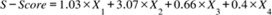 Title: S minus S c o r e equals 1.03 cross times X subscript 1 plus 3.07 cross times X subscript 2 plus 0.66 cross times X subscript 3 plus 0.4 cross times X subscript 4 - Description: {"mathml":"<math style=\"font-family:Times New Roman;font-size:16px;\" xmlns=\"http://www.w3.org/1998/Math/MathML\"><mstyle mathsize=\"16px\"><mi>S</mi><mo>-</mo><mi>S</mi><mi>c</mi><mi>o</mi><mi>r</mi><mi>e</mi><mo>=</mo><mn>1</mn><mo>.</mo><mn>03</mn><mo>&#xD7;</mo><msub><mi>X</mi><mn>1</mn></msub><mo>+</mo><mn>3</mn><mo>.</mo><mn>07</mn><mo>&#xD7;</mo><msub><mi>X</mi><mn>2</mn></msub><mo>+</mo><mn>0</mn><mo>.</mo><mn>66</mn><mo>&#xD7;</mo><msub><mi>X</mi><mn>3</mn></msub><mo>+</mo><mn>0</mn><mo>.</mo><mn>4</mn><mo>&#xD7;</mo><msub><mi>X</mi><mn>4</mn></msub></mstyle></math>","origin":"MathType for Microsoft Add-in"}